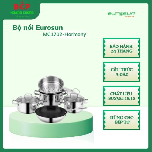 Eurosun Bộ nồi inox MC1702 Harmony - Hàng chính hãng - 4 món - Đáy 3 lớp cao cấp - Truyền Nhiệt Tốt