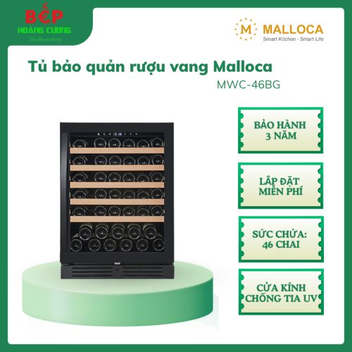 Malloca MWC-46BG – Tủ Bảo Quản Rượu Vang 46 Chai, Đèn LED, Cửa UV 3 Lớp, Giảm Rung, Âm Tủ/Độc Lập