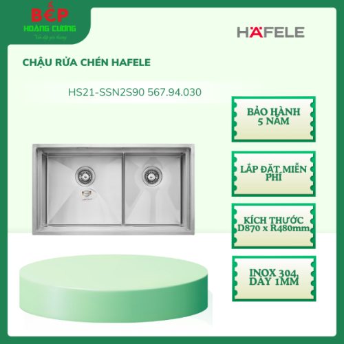 Chậu Rửa Chén Hafele HS21-SSN2S90 - 567.94.030, Inox 304, thiết kế 2 hộc lắp âm