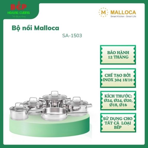 Malloca Bộ Nồi Inox 9 Món Cao Cấp SA-1503 Bảo hành 12 tháng, Chế tạo bởi inox 304 18/10