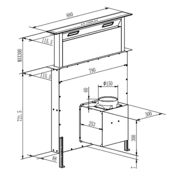 Kích thước máy hút mùi âm kệ FS 90HF