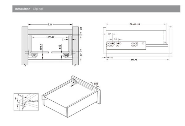 Kích thước của Ray âm EPC EVO Hafele nhấn mở toàn phần 433.32.173