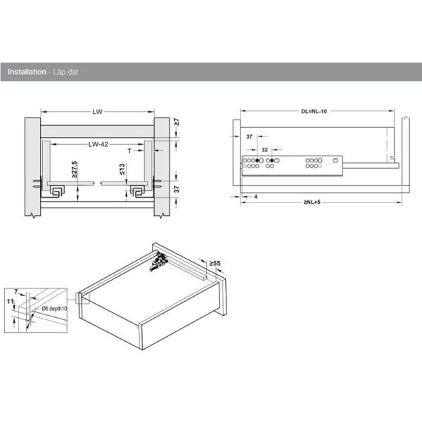 Kích thước của Ray âm EPC EVO Hafele nhấn mở toàn phần 433.32.174