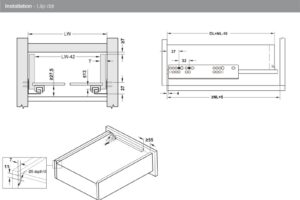 Kích thước của Ray âm EPC EVO Hafele nhấn mở toàn phần 433.32.175