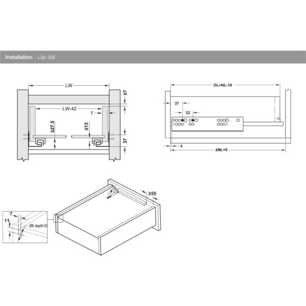 Kích thước của Ray âm EPC EVO Hafele nhấn mở toàn phần 433.32.175