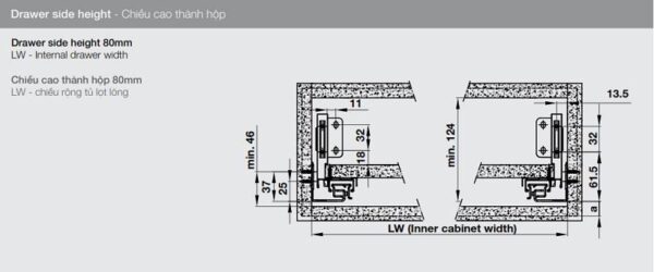 Kích thước của Ray hộp Alto-S, chiều cao 80mm Hafele 552.35.365