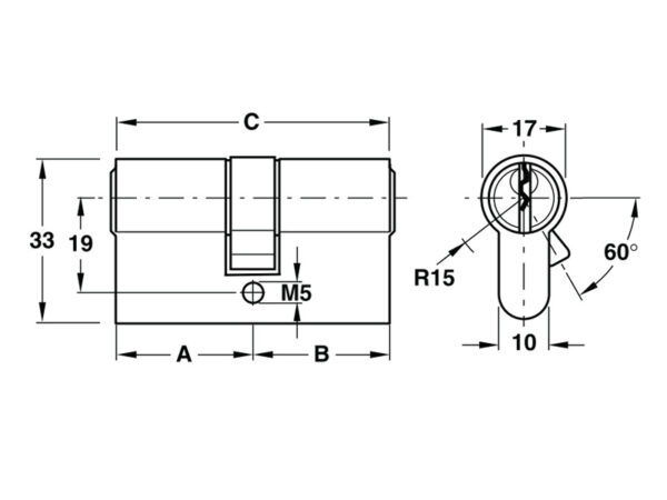 Kích thước của Ruột khóa 2 đầu chìa Hafele 916.63.900, 61, mm đồng thau