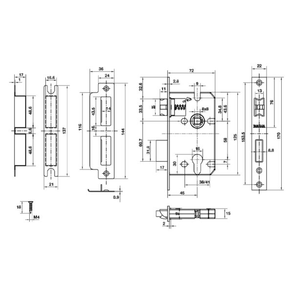 Kích thước của Thân khóa Bauma H5845 911.25.561