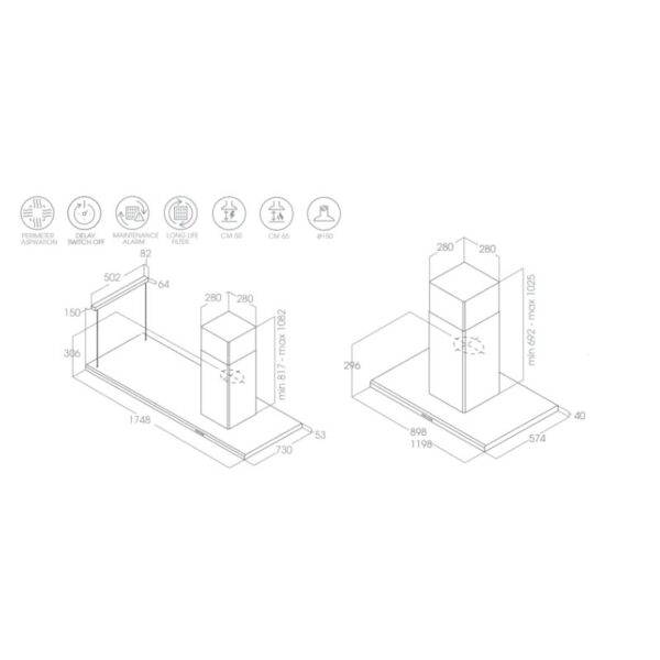 Kích thước máy hút mùi đảo Elica MOON IS IX/A/60X120 PRF0093541A