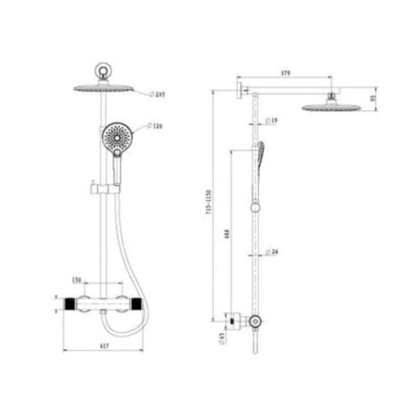 Kích thước sen cây tắm nóng lạnh Paul Schmitt PA513R