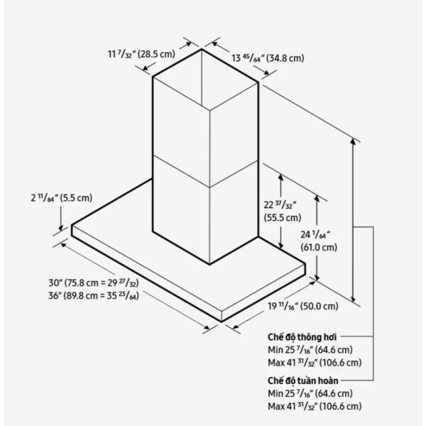 Kích thước máy hút mùi áp tường Samsung Bespoke NK36CB665WWHSV