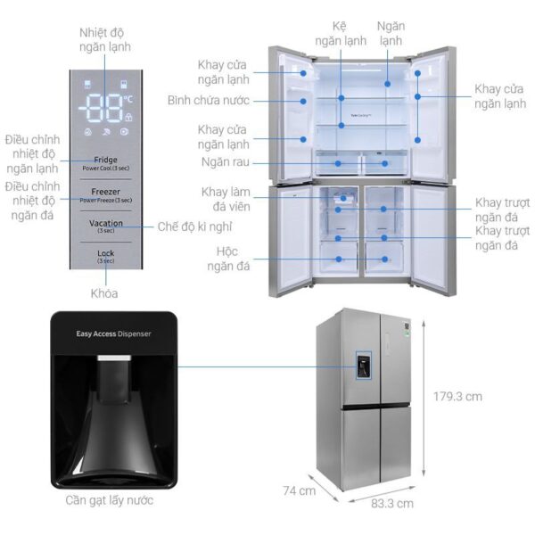 Kích thước bên trong tủ lạnh 4 cánh 488 lít Samsung RF48A4010M9/SV