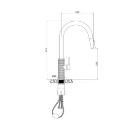 Kích thước vòi rửa bát nóng lạnh Konox Venice Gun Metal có dây rút