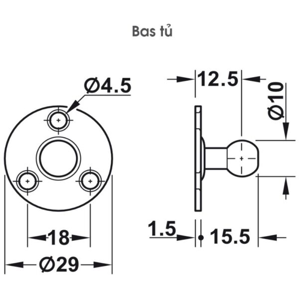 Kích thước pittong đẩy cánh tủ 120N Hafele 373.82.909