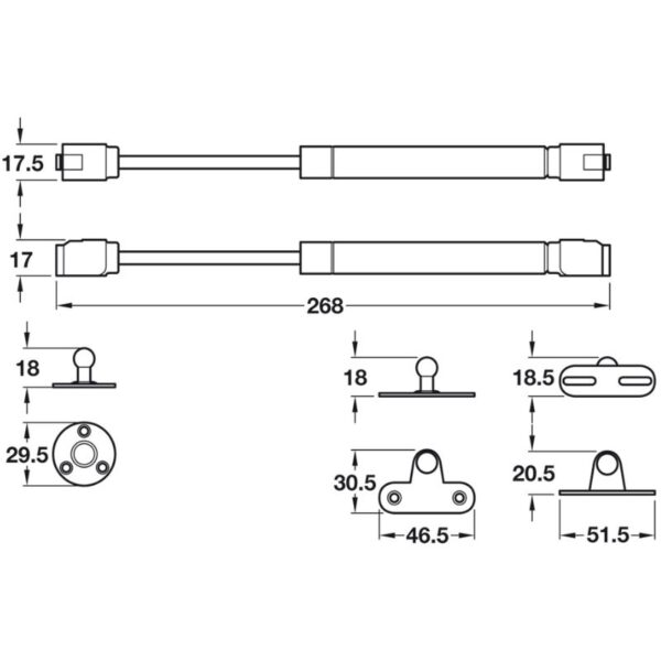 Kích thước pittong đẩy cánh tủ 120N Hafele 373.82.909