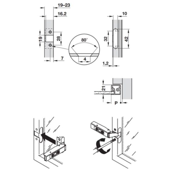 Chi tiết bản lề khung nhôm đố nhỏ (trùm ngoài) Hafele 315.26.700