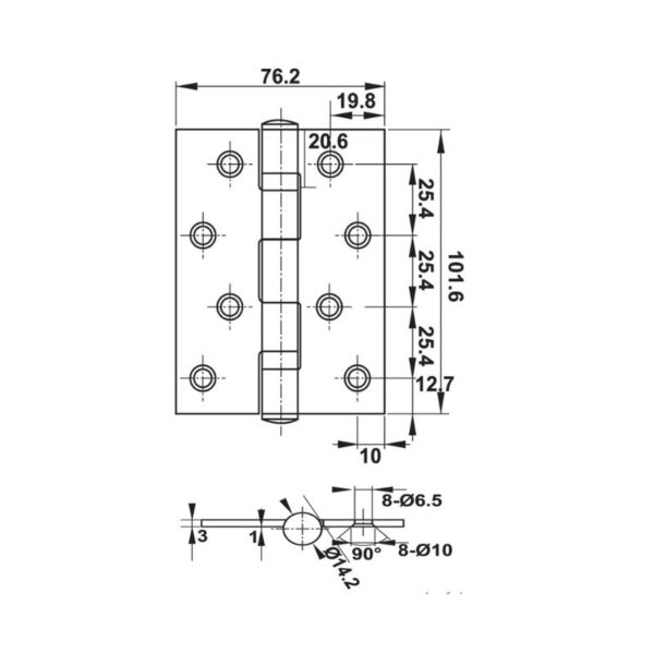 Kích thước bản lề lá 2BB 102x76x3mm Häfele DIY 489.05.022