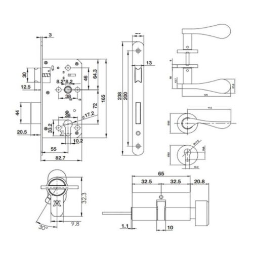 Hafele 499.63.802 – Bộ khóa tay nắm nắp chụp inox 304, vận hành êm ái, phù hợp cửa gỗ dày 45mm 7 Kích thước bộ khóa tay nắm nắp chụp Hafele 499.63.802