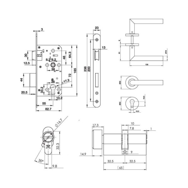 Kích thước khóa tay nắm cửa vệ sinh Hafele DIY 489.10.661