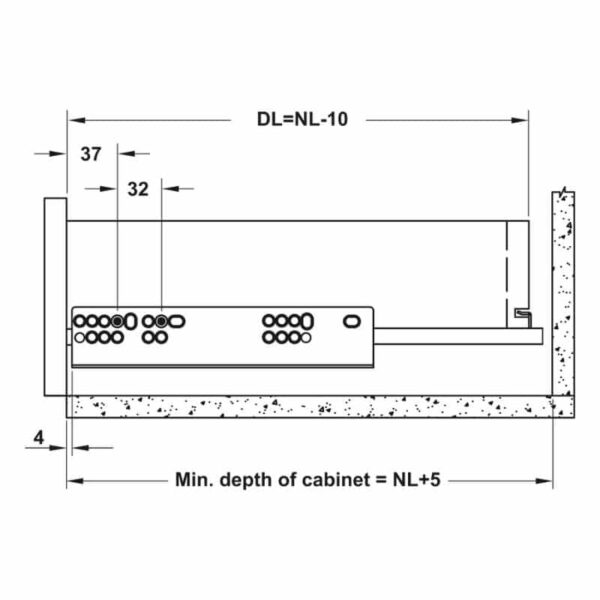 Kích thước ray âm giảm chấn EPC EVO mở 3/4 300mm Hafele 433.32.501