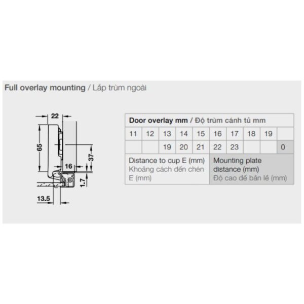 Thông số kỹ thuật bản lề khung nhôm đố nhỏ (trùm ngoài) Hafele 315.26.700