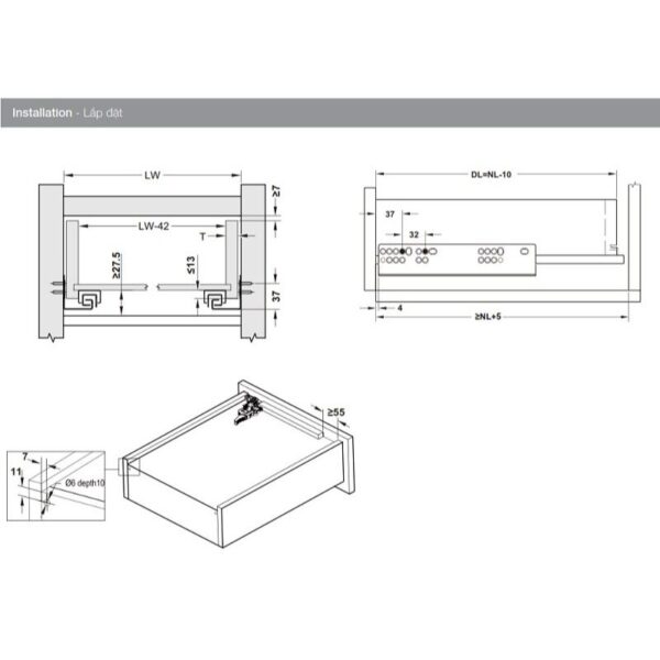 Thông số ray âm EPC Evo 300mm giảm chấn Hafele 433.32.071