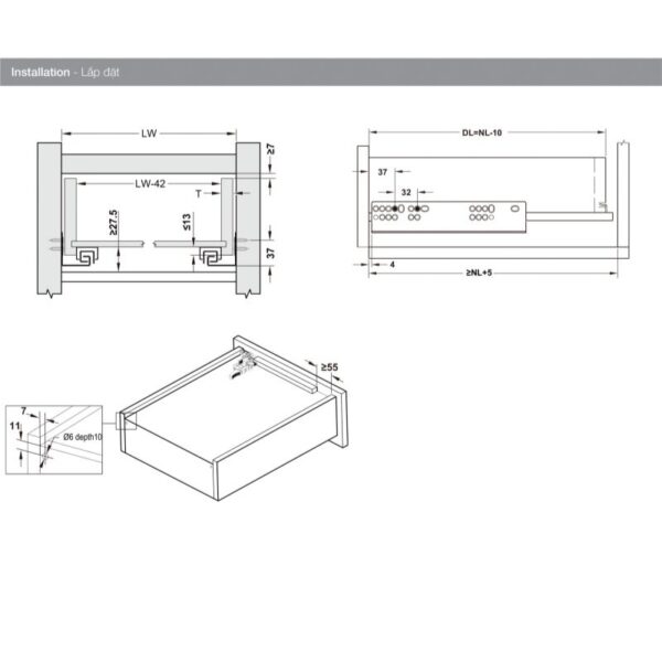 Thông số ray âm EPC Evo 450mm giảm chấn Hafele 433.32.074