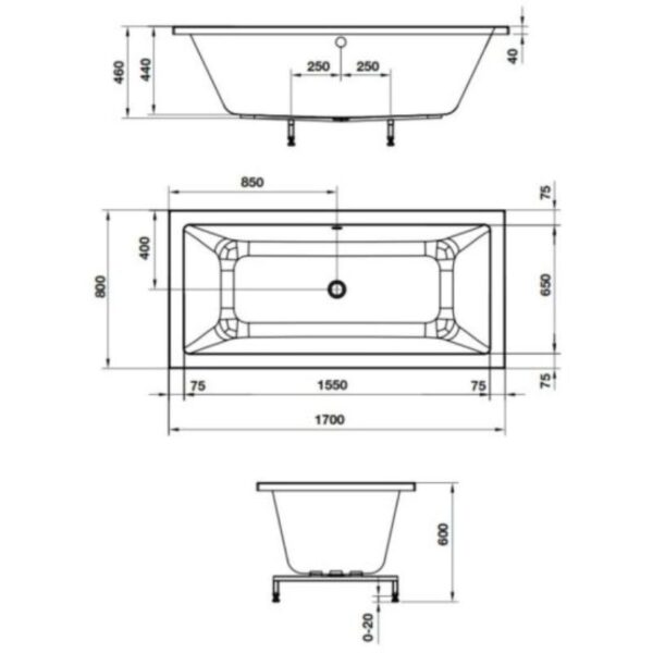 Kích thước bồn tắm âm hình vuông Nagoya 1700 Hafele 588.79.602