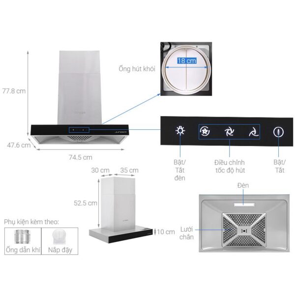 Kích thước máy hút mùi âm tủ Junger HRJ-75
