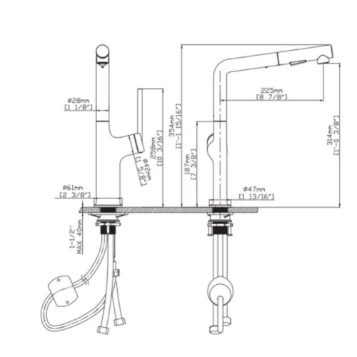 Vòi rửa bát Kluger JADE Series KLF0010B, Xoay 360 độ, điều chỉnh nóng/lạnh 15 Ảnh 2D Kluger KLF0010B có dây rút