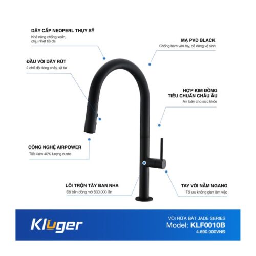 Vòi rửa bát Kluger JADE Series KLF0010B, Xoay 360 độ, điều chỉnh nóng/lạnh 14 Ảnh thông số Kluger KLF0010B có dây rút