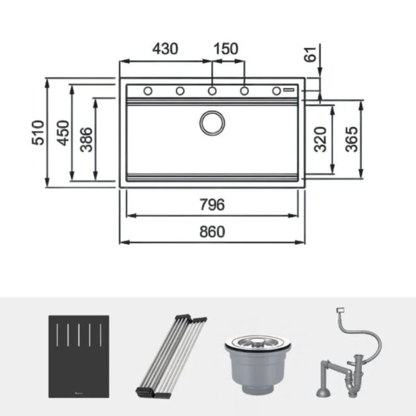 Chi tiết chậu rửa bát đá 1 hố Konox Terra 860S Black