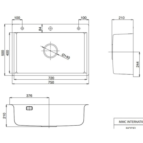 Kích thước chậu rửa bát 1 hố Kluger KF8121B-S75