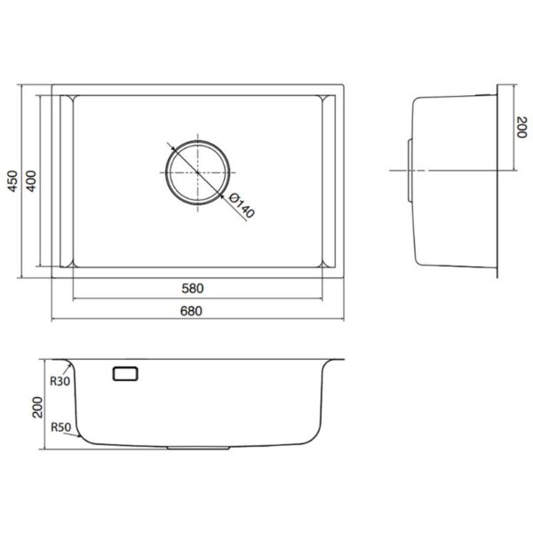 Kích thước chậu rửa bát 1 hố Kluger KU8121B-S68