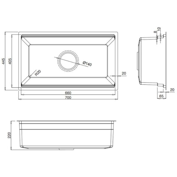 Kích thước chậu rửa bát 1 hố Kluger KWU8161FB-S70