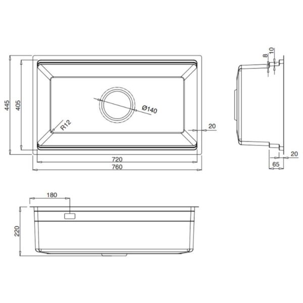 Kích thước chậu rửa bát 1 hố Kluger KWU8161FB-S76