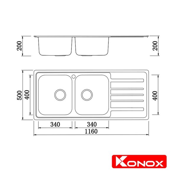 Kích thước chậu rửa bát Konox European Artusi KS11650 1D bàn phải