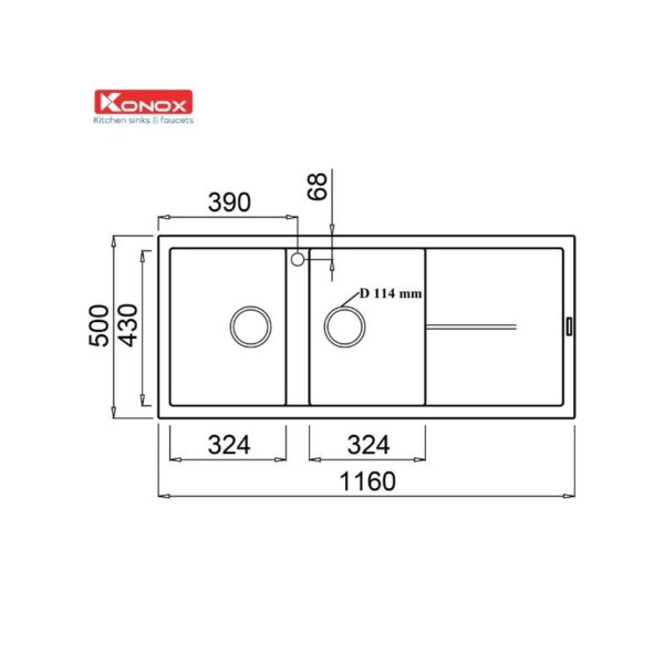 Kích thước chậu rửa bát Konox Granite Livello Smart 1160 Black