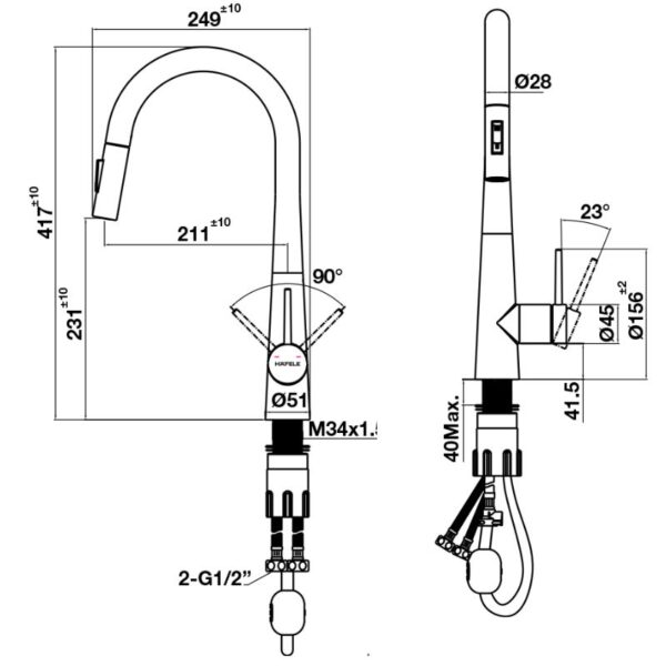 Kích thước vòi rửa bát nóng lạnh Hafele HT24-SH1P417 570.85.041 có dây rút