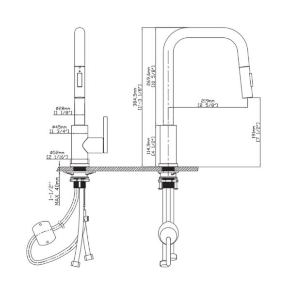 Kích thước vòi rửa bát nóng lạnh Kluger KLF0011C có dây rút