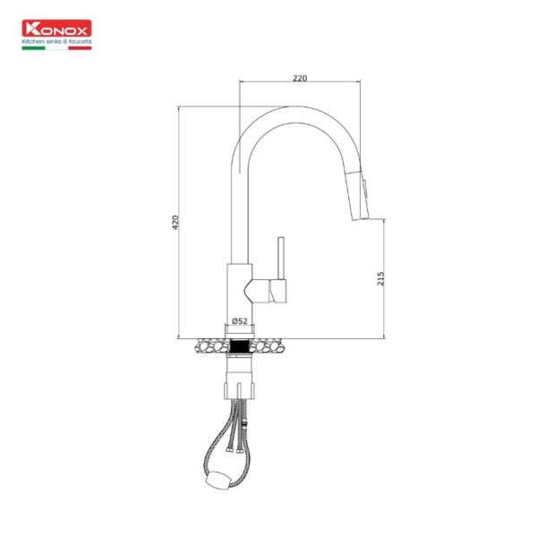 Kích thước vòi rửa bát nóng lạnh Konox Reno có dây rút