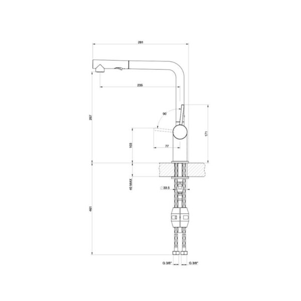 Kích thước vòi rửa bát nóng lạnh Konox Stella Grey có dây rút