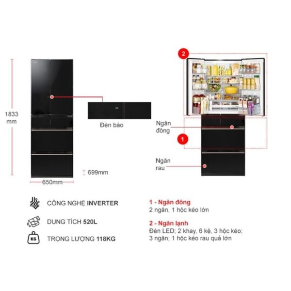 Chi tiết tủ lạnh 6 cánh 540 lít Hitachi HW540RV XK