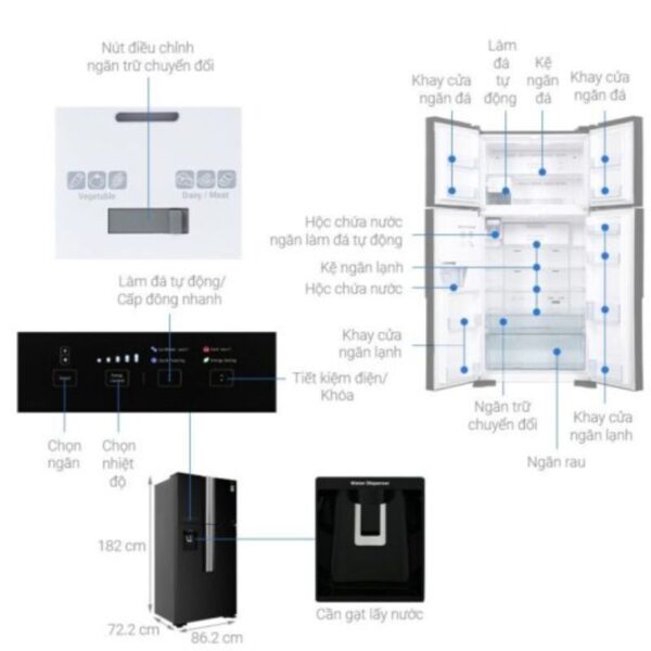 Kích thước tủ lạnh 4 cánh Inverter 540 lít Hitachi FW690PGV7 GBK