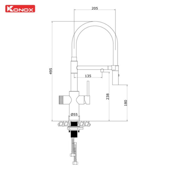 Kích thước vòi rửa bát nóng lạnh Konox Combi Chrome có dây rút