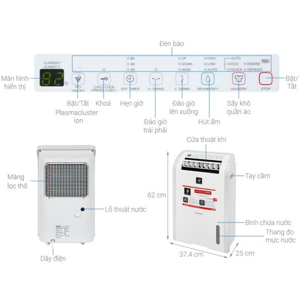 Kích thước máy hút ẩm Sharp DW-D20A-W