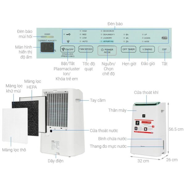 Kích thước máy lọc không khí và hút ẩm Sharp DW-E16FA-W