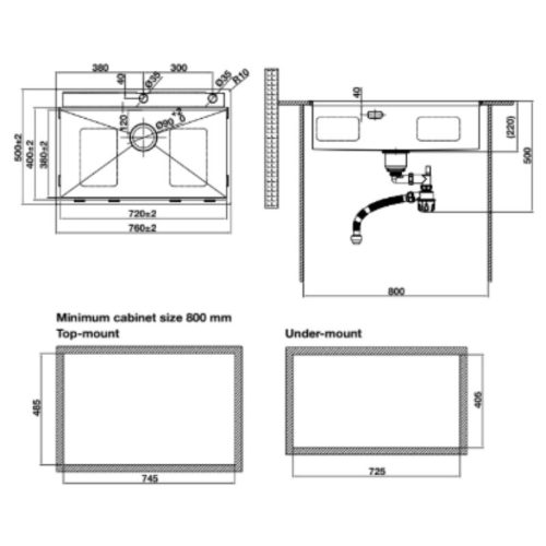 Chậu Rửa Chén Hafele 567.24.484 760mm HS25-SSN1S-7650 Màu Titan, Công nghệ mạ PVD 9 Kích thước chậu rửa bát Hafele WS R10 HS25-SSN1S-7650 567.24.484 Titan