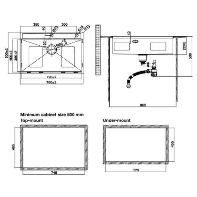 Chậu Rửa Chén Hafele 567.24.484 760mm HS25-SSN1S-7650 Màu Titan, Công nghệ mạ PVD 6 Kích thước chậu rửa bát Hafele WS R10 HS25-SSN1S-7650 567.24.484 Titan