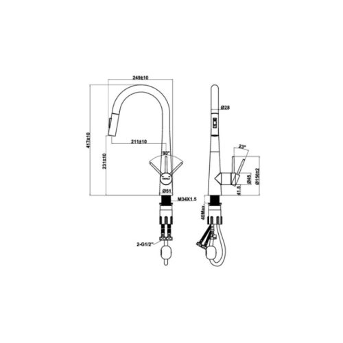 Hafele Vòi Rửa Chén Nóng Lạnh LUX-P HT25-SH1P417 – 567.24.498, Inox SUS304, Màu Đen 9 Kích thước vòi rửa bát nóng lạnh Hafele LUX-P HT25-SH1P417 567.24.498 Đen